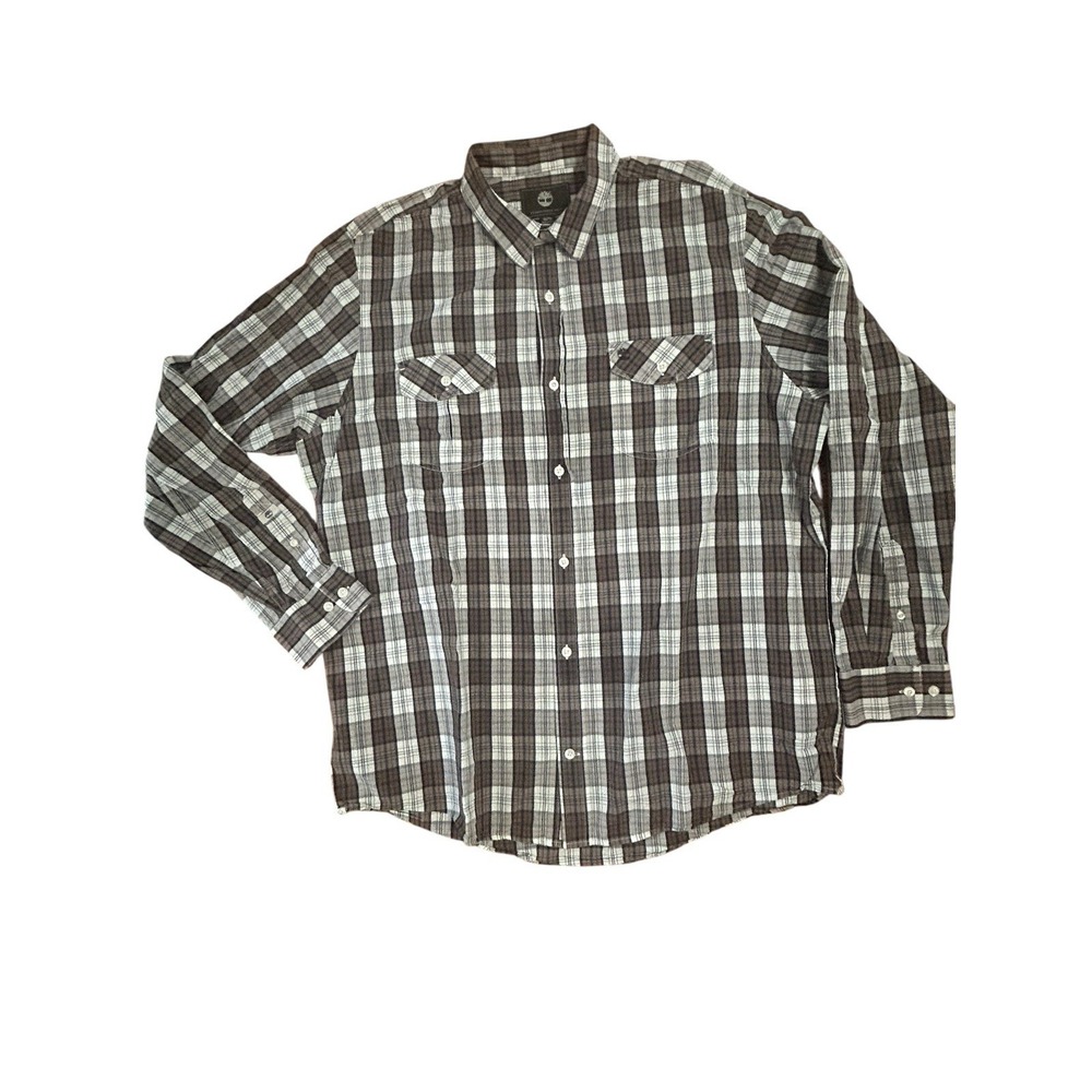 Timberland Men's Plaid 100% Cotton Long Sleeve Button-Down Shirt Size XL Brown